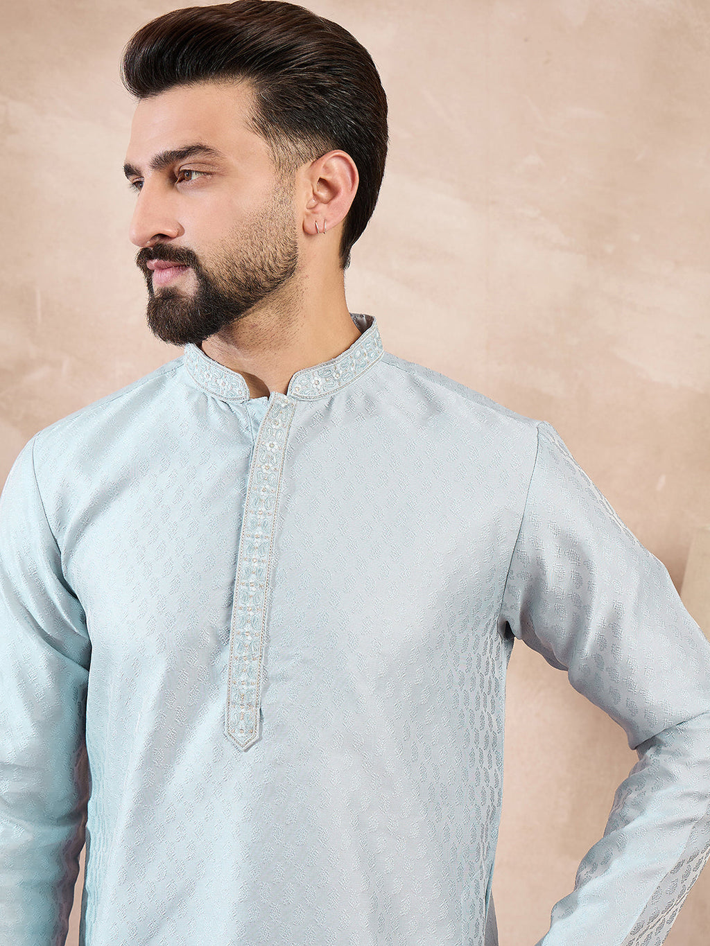 Men Blue Silk Blend Solid Woven Design Straight Kurta-MKU1899