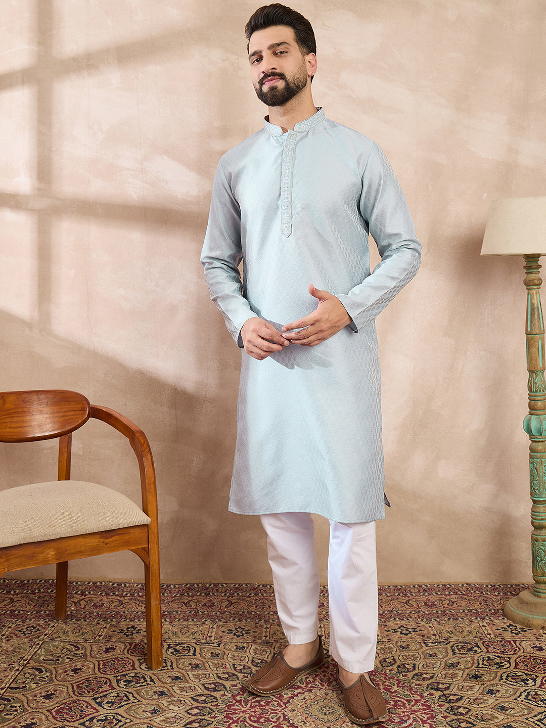 Men Blue Silk Blend Solid Woven Design Straight Kurta-MKU1899
