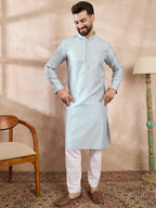 Men Blue Silk Blend Solid Woven Design Straight Kurta-MKU1899