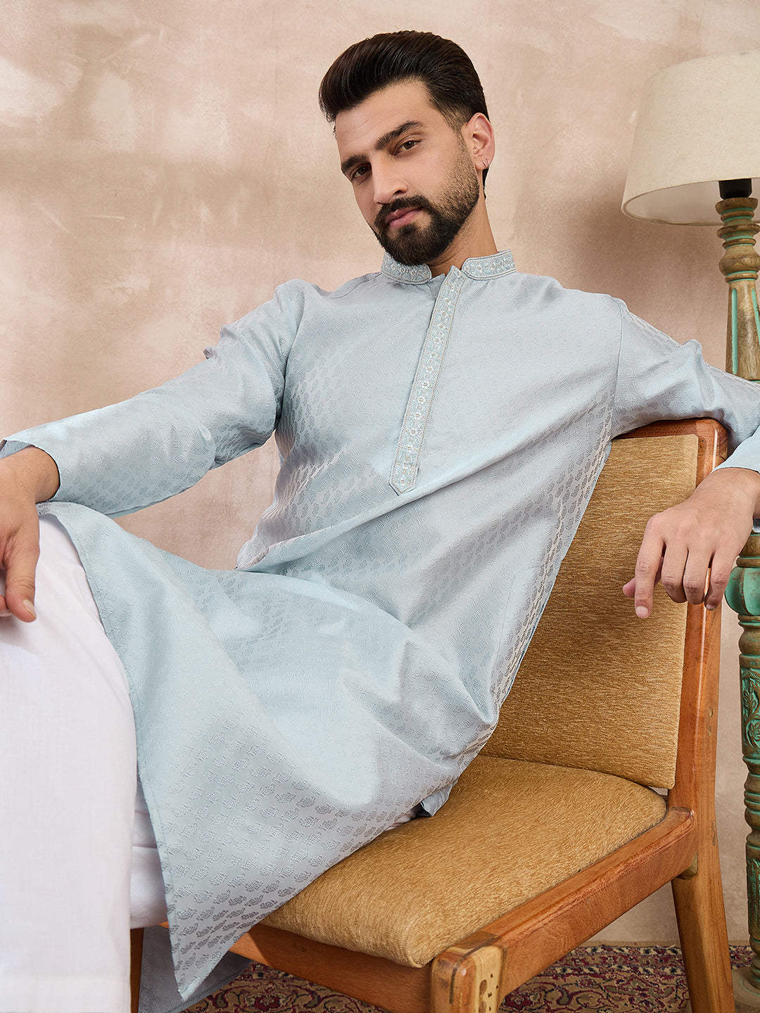 Men Blue Silk Blend Solid Woven Design Straight Kurta-MKU1899