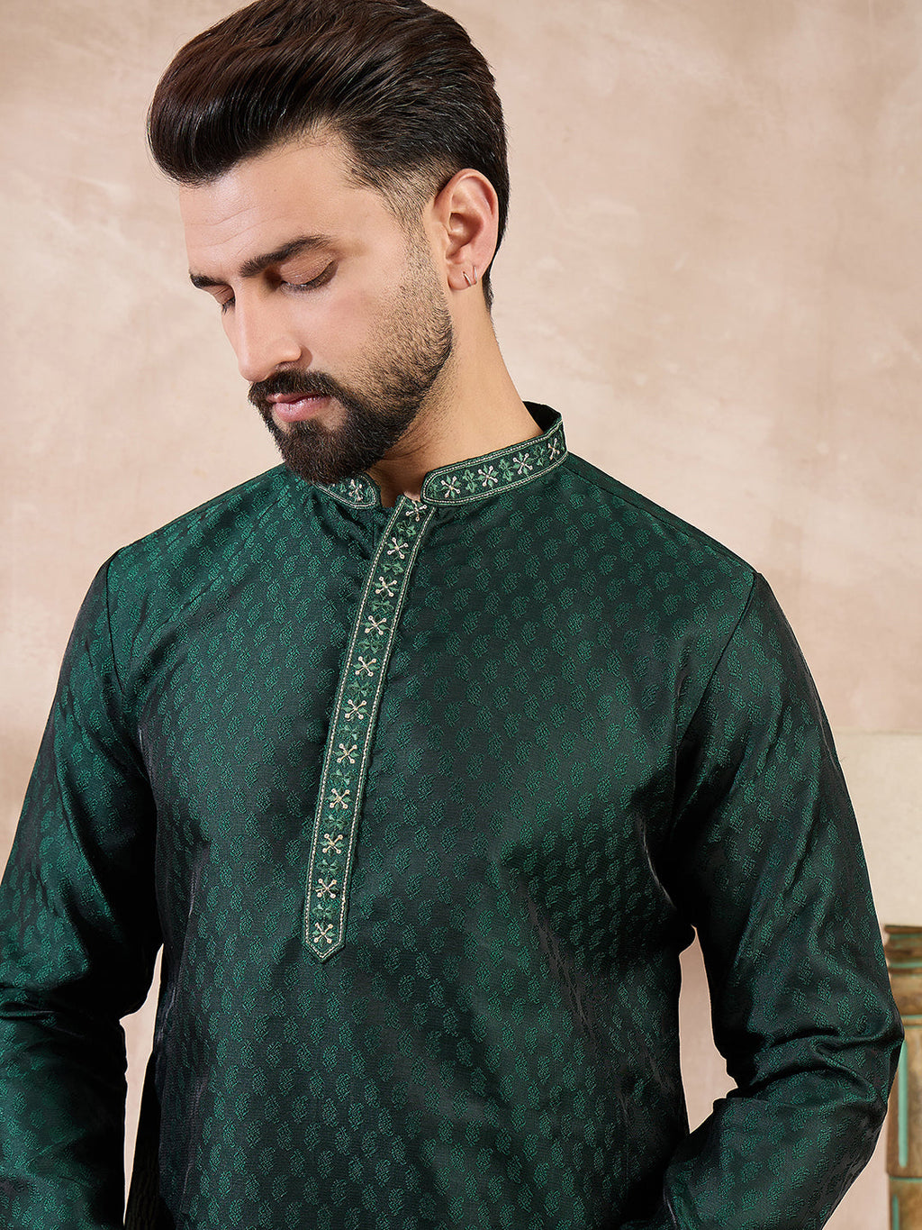 Men Green Silk Blend Solid Woven Design Straight Kurta-MKU1900