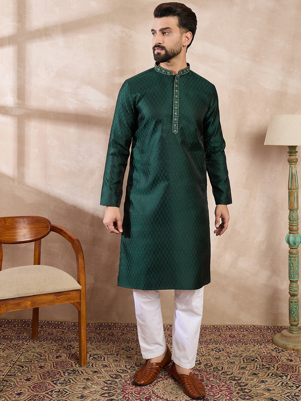 Men Green Silk Blend Solid Woven Design Straight Kurta-MKU1900
