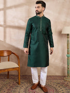 Men Green Silk Blend Solid Woven Design Straight Kurta-MKU1900