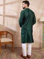 Men Green Silk Blend Solid Woven Design Straight Kurta-MKU1900