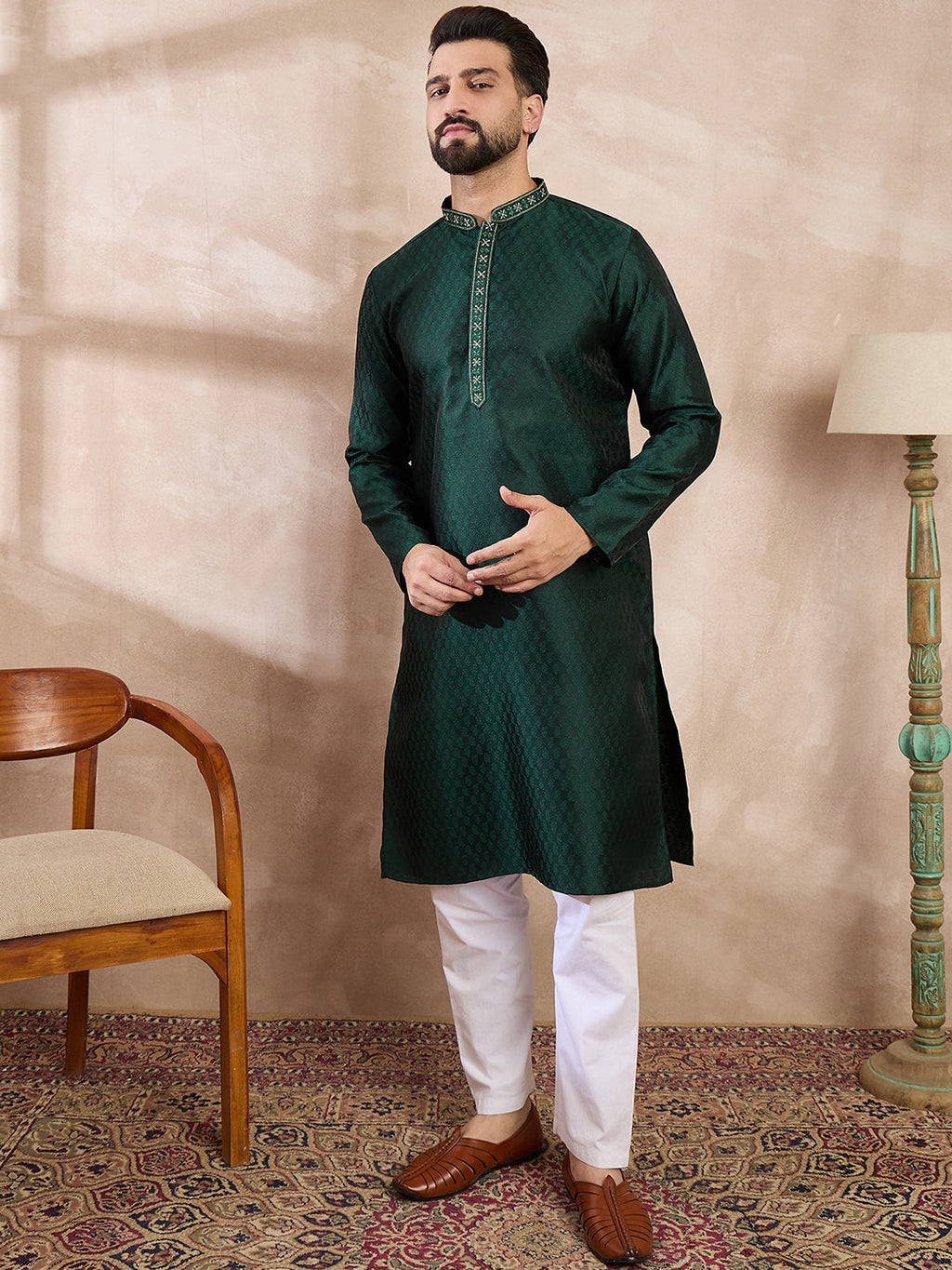 Men Green Silk Blend Solid Woven Design Straight Kurta-MKU1900