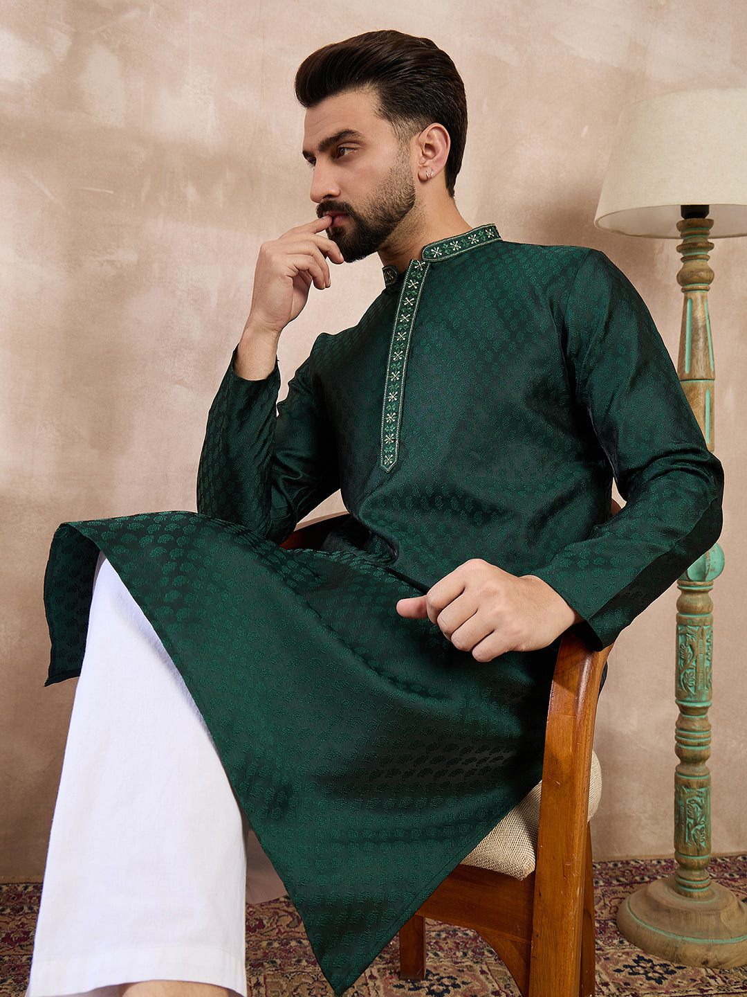 Men Green Silk Blend Solid Woven Design Straight Kurta-MKU1900