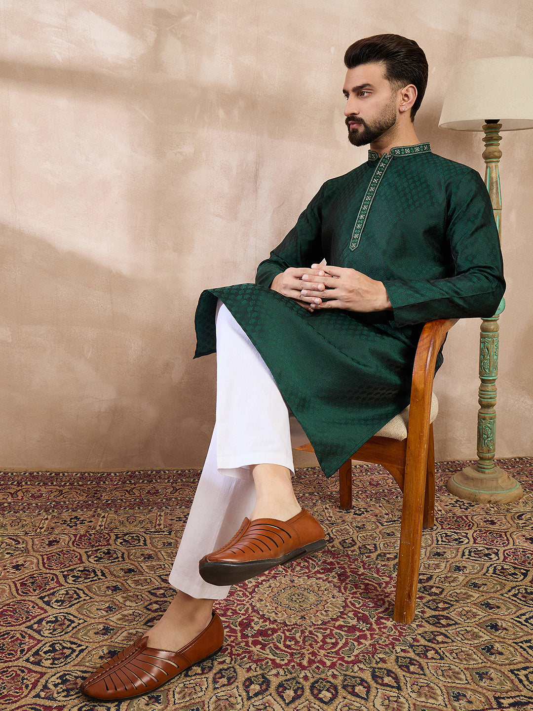 Men Green Silk Blend Solid Woven Design Straight Kurta-MKU1900