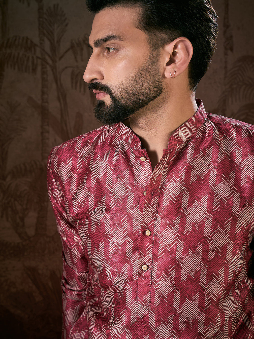 Men Maroon Silk Blend Chevron Printed Straight Kurta-MKU1904