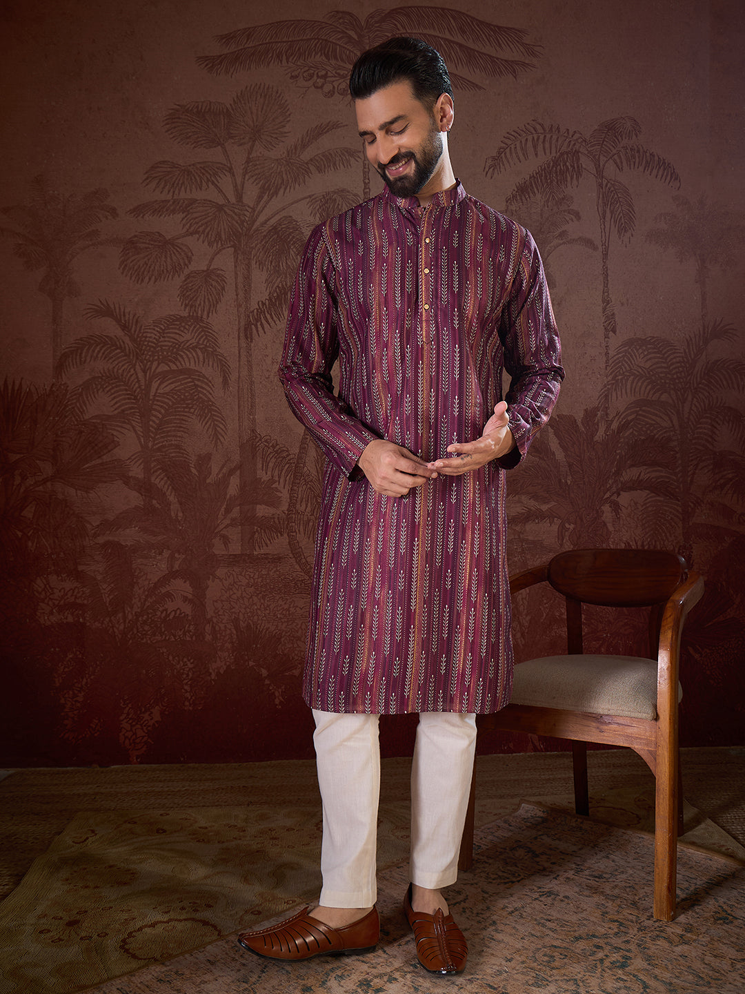 Men Purple Silk Blend Striped Printed Straight Kurta-MKU1905