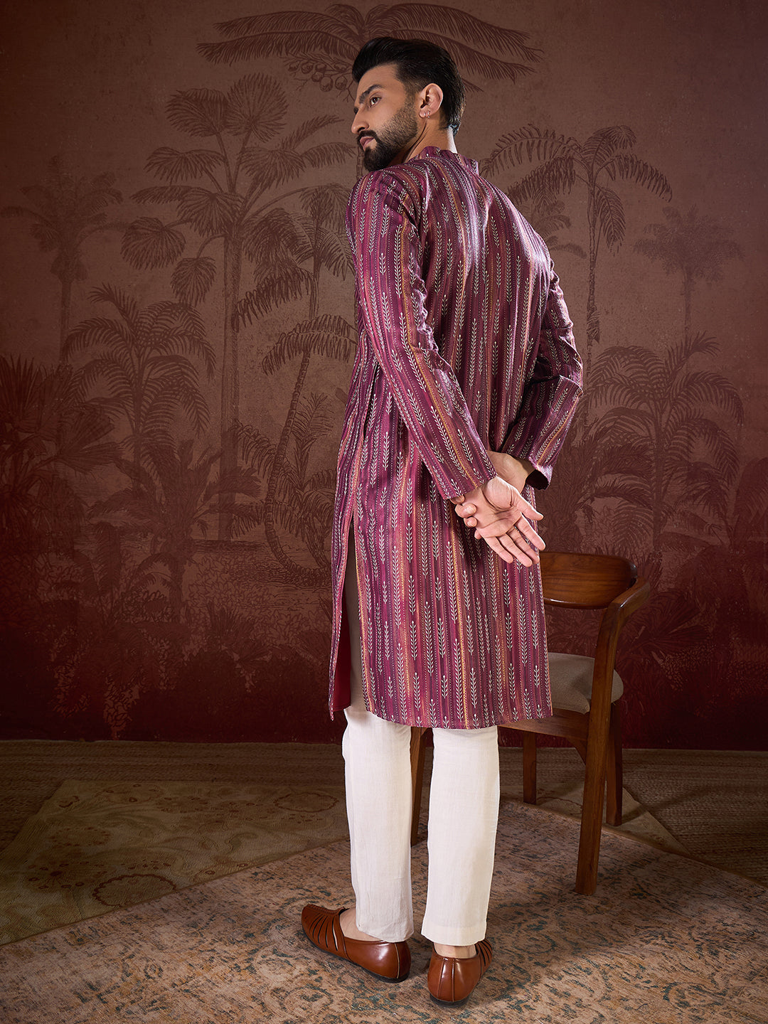 Men Purple Silk Blend Striped Printed Straight Kurta-MKU1905