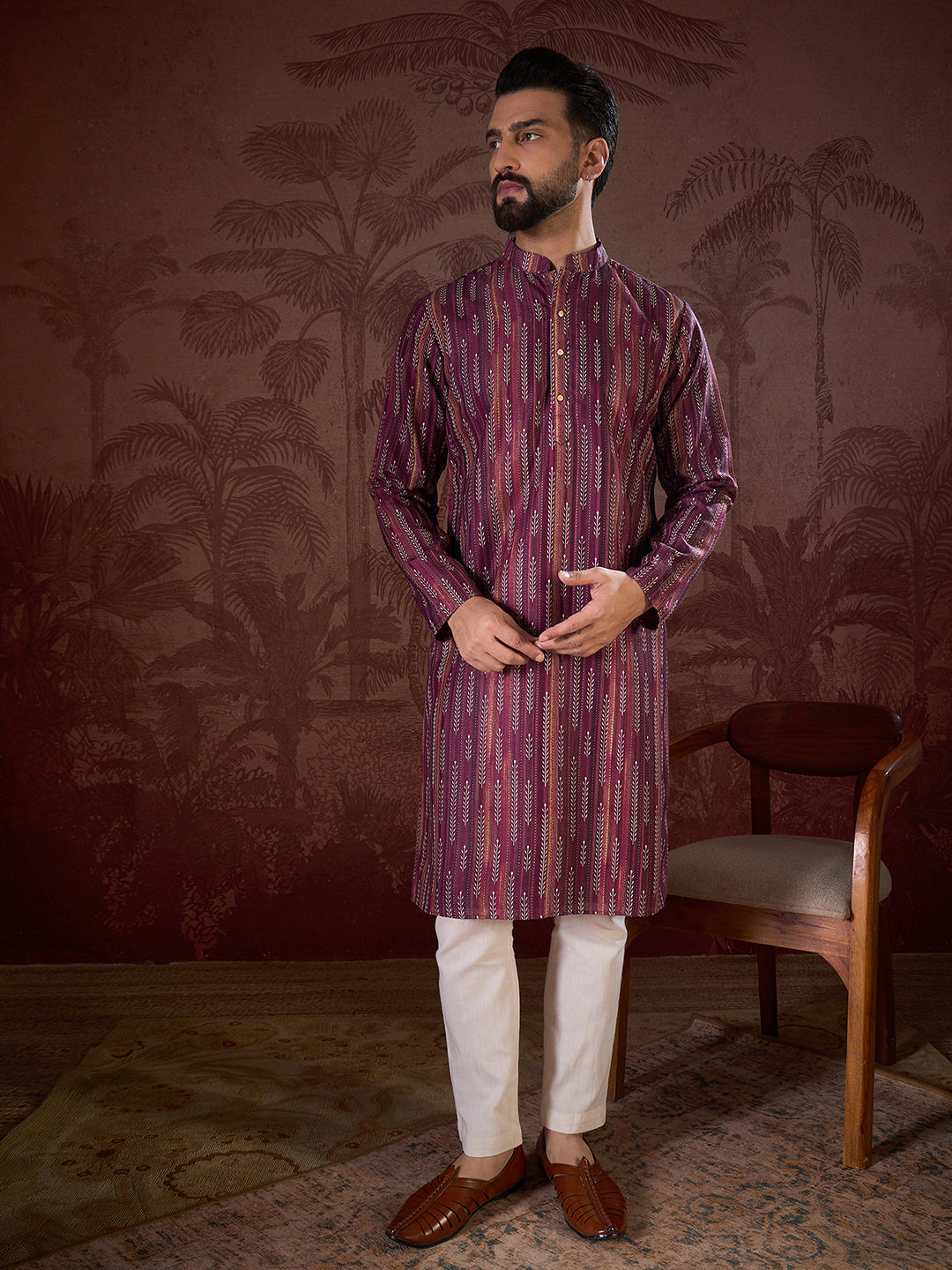 Men Purple Silk Blend Striped Printed Straight Kurta-MKU1905