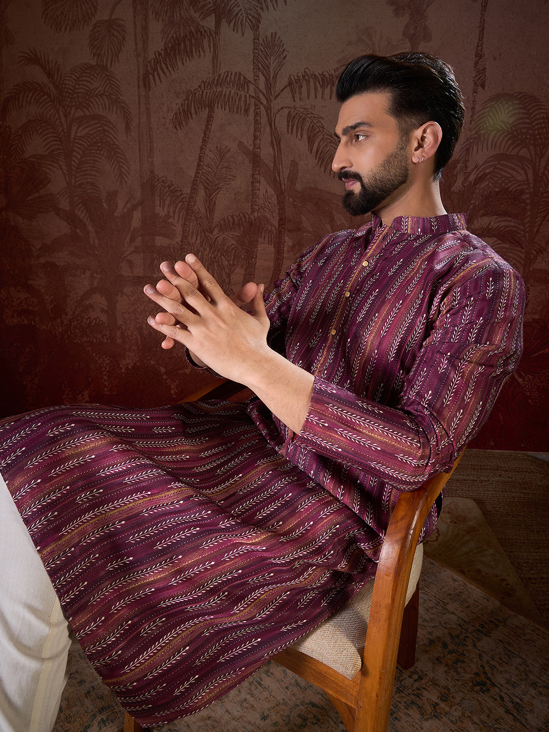Men Purple Silk Blend Striped Printed Straight Kurta-MKU1905