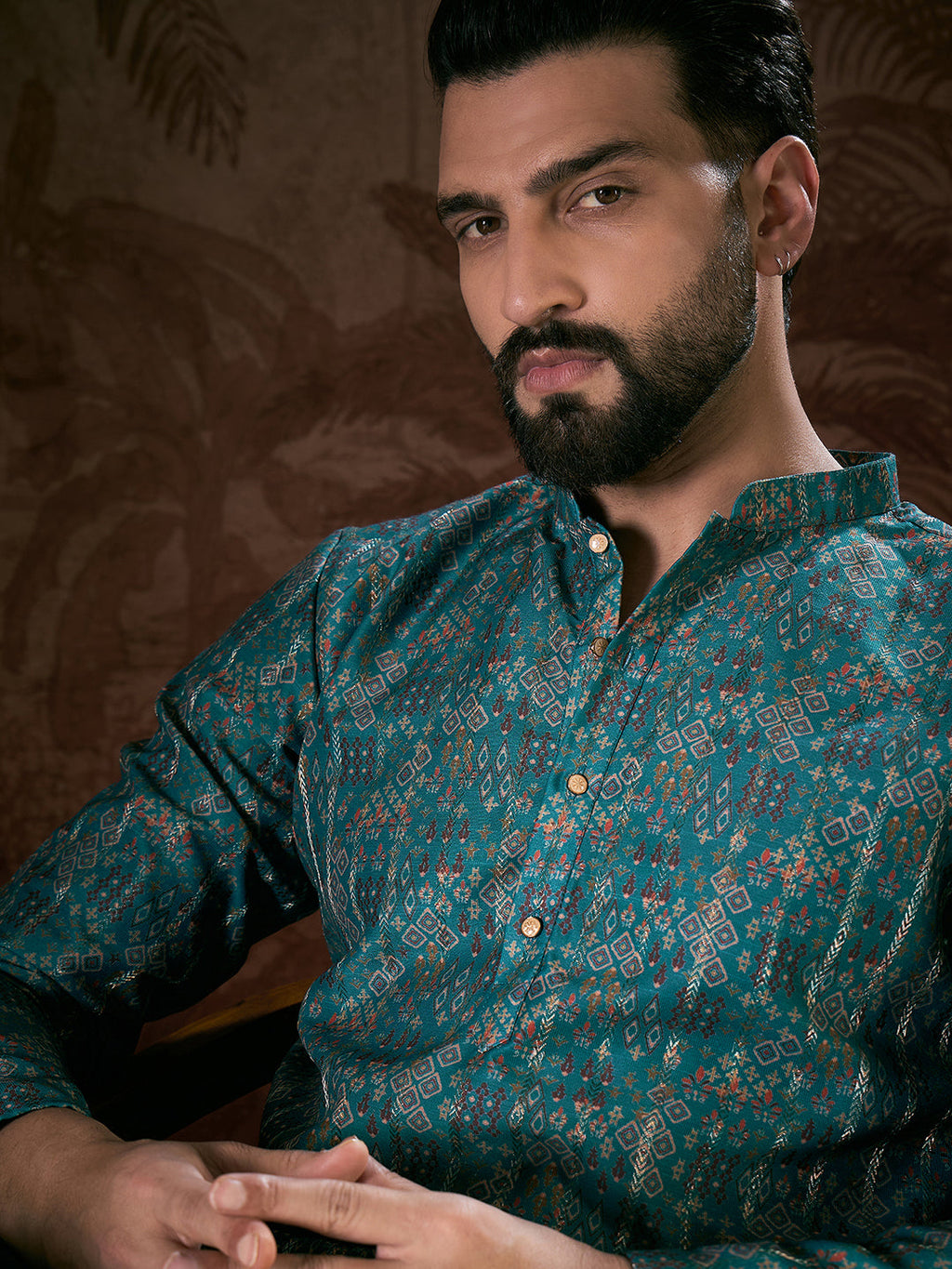 Men Blue Silk Blend Ethnic Motifs Printed Straight Kurta-MKU1906