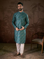 Men Blue Silk Blend Ethnic Motifs Printed Straight Kurta-MKU1906