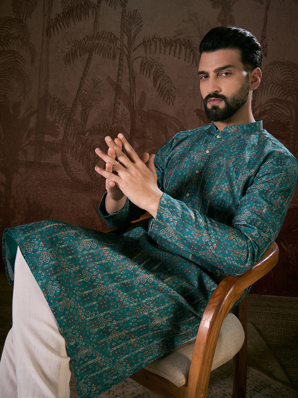 Men Blue Silk Blend Ethnic Motifs Printed Straight Kurta-MKU1906