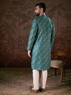 Men Blue Silk Blend Ethnic Motifs Printed Straight Kurta-MKU1906