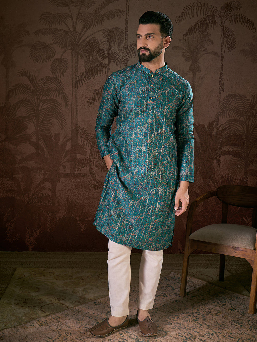 Men Blue Silk Blend Ethnic Motifs Printed Straight Kurta-MKU1906