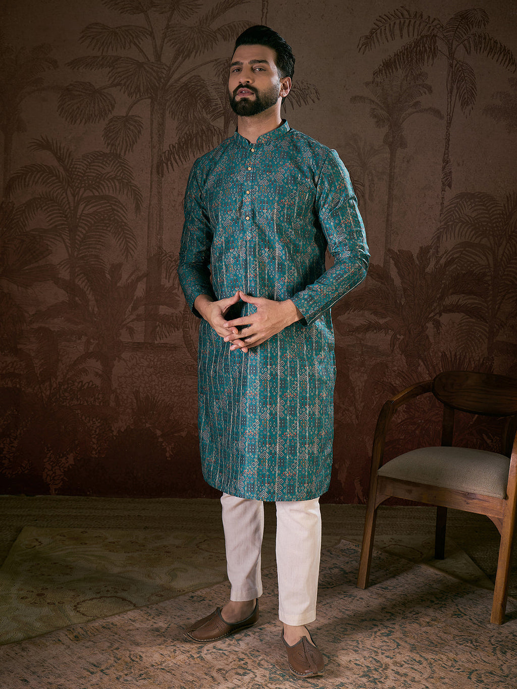 Men Blue Silk Blend Ethnic Motifs Printed Straight Kurta-MKU1906