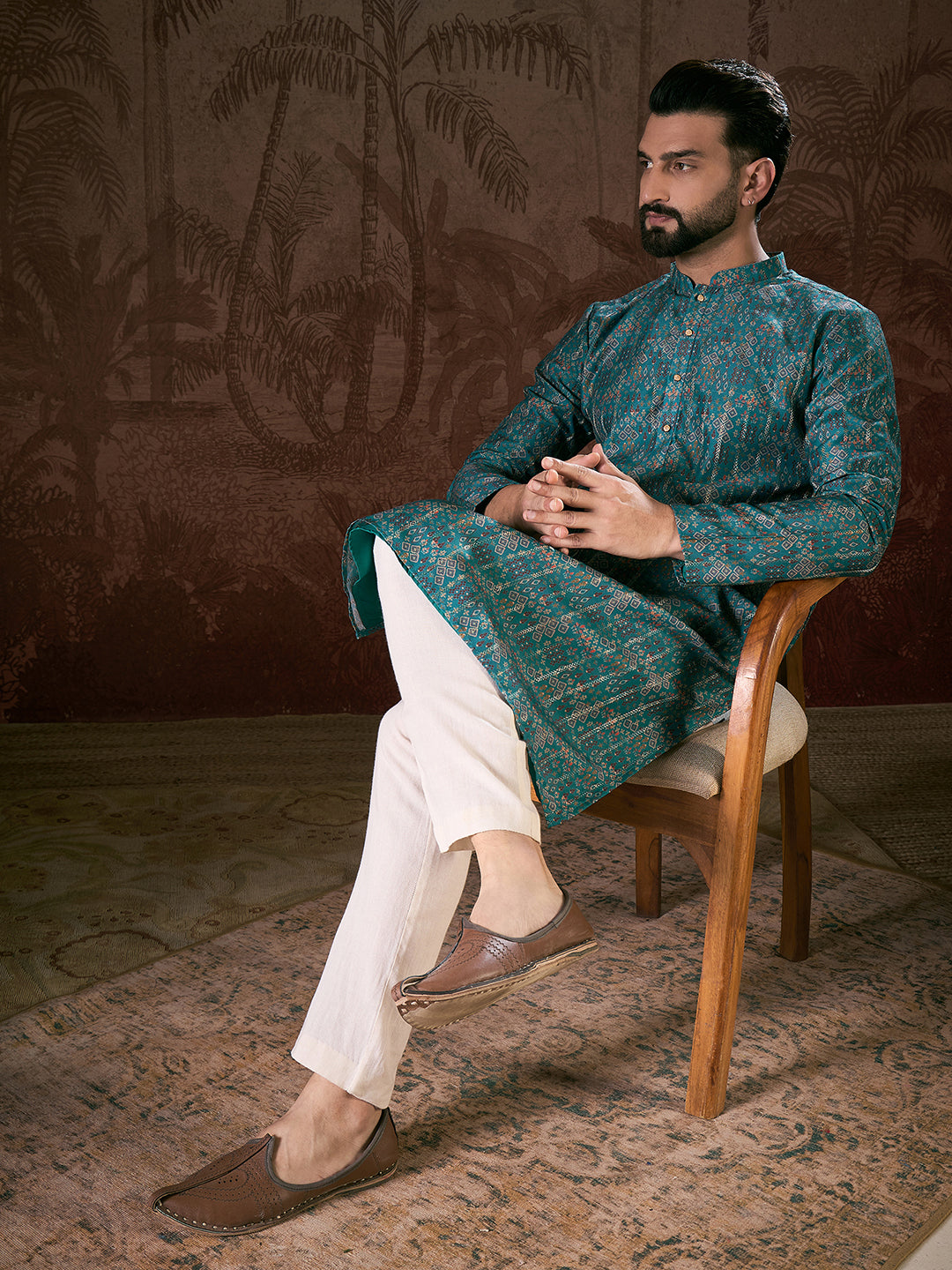Men Blue Silk Blend Ethnic Motifs Printed Straight Kurta-MKU1906
