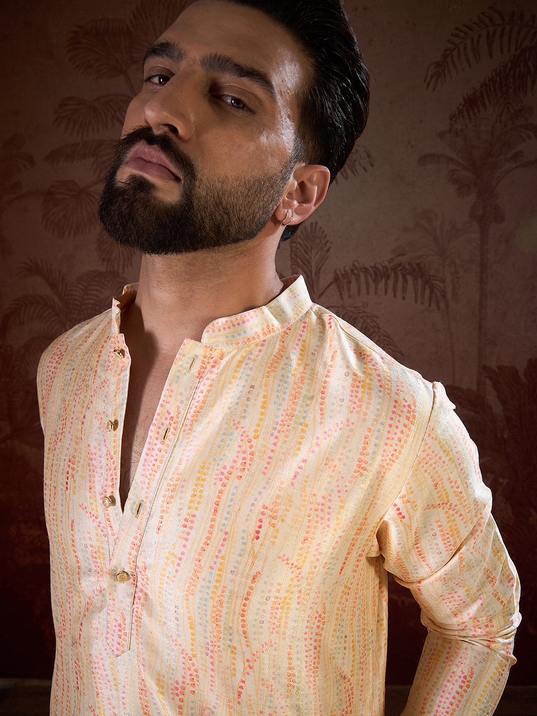 Men Cream Silk Blend Abstract Printed Straight Kurta-MKU1907