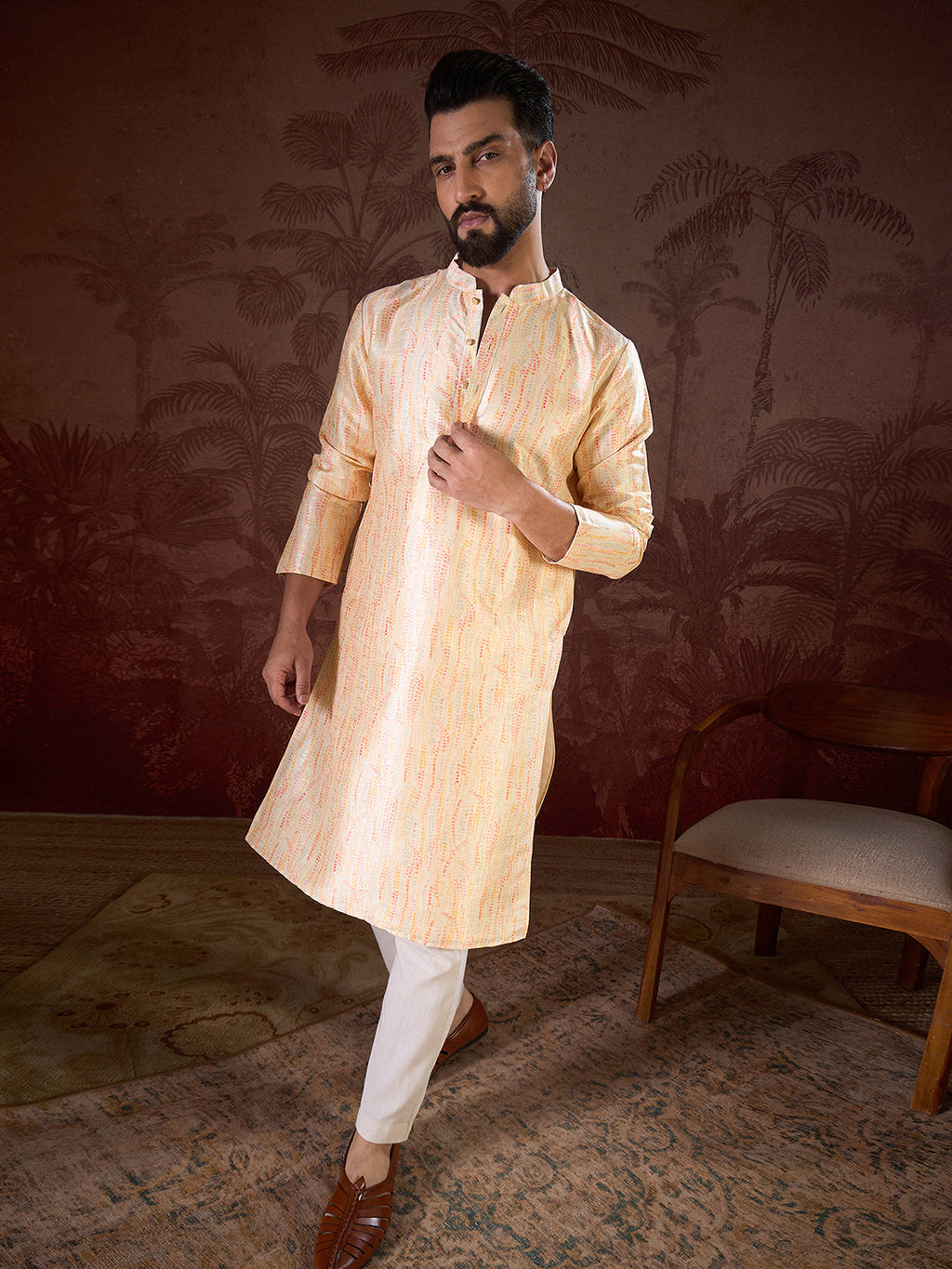 Men Cream Silk Blend Abstract Printed Straight Kurta-MKU1907