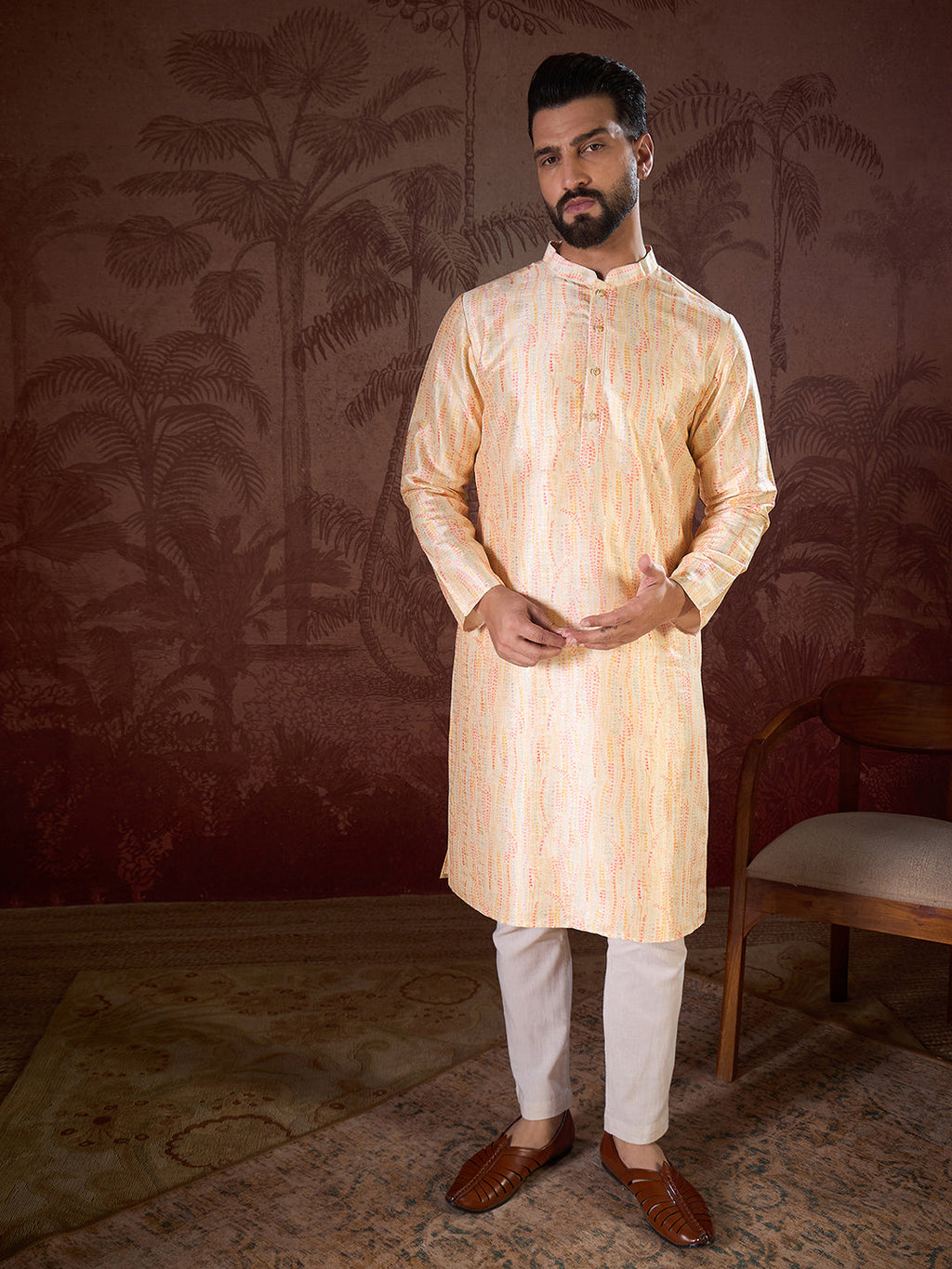 Men Cream Silk Blend Abstract Printed Straight Kurta-MKU1907