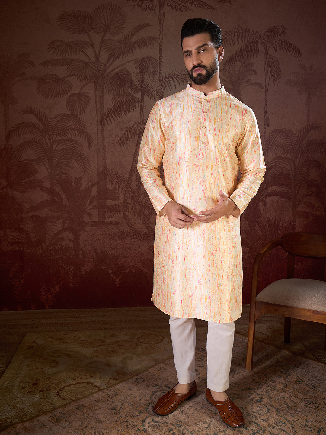 Men Cream Silk Blend Abstract Printed Straight Kurta-MKU1907