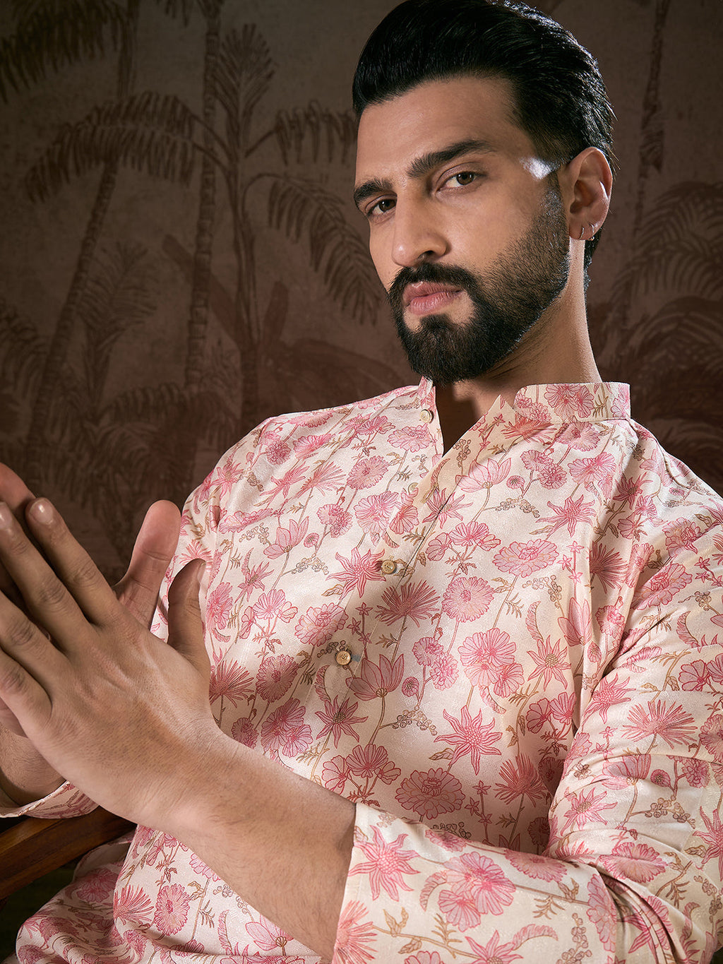 Men Off White Silk Blend Floral Printed Straight Kurta-MKU1908