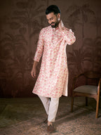 Men Off White Silk Blend Floral Printed Straight Kurta-MKU1908