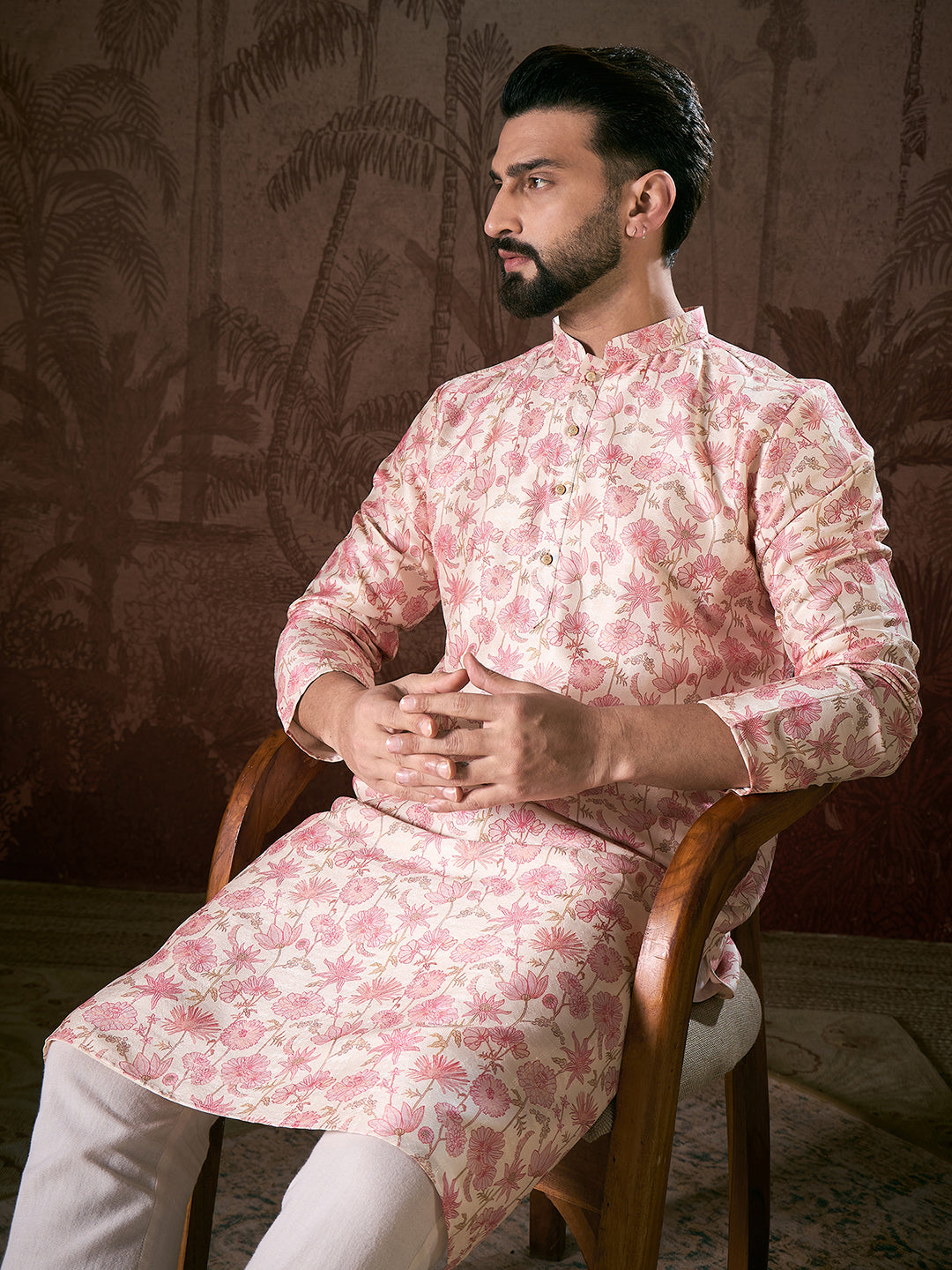 Men Off White Silk Blend Floral Printed Straight Kurta-MKU1908