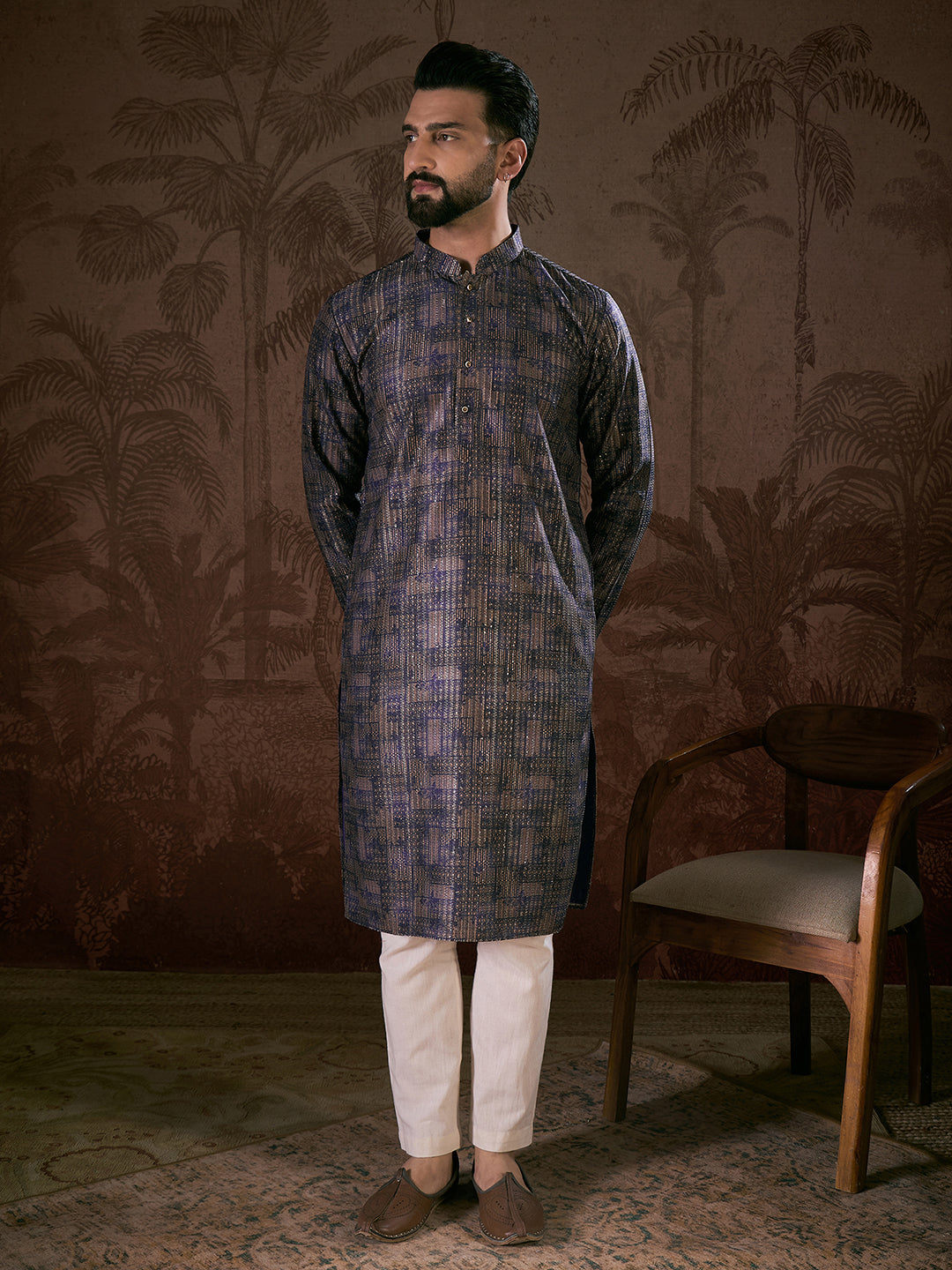 Men Violet Silk Blend Abstract Printed Straight Kurta-MKU1909