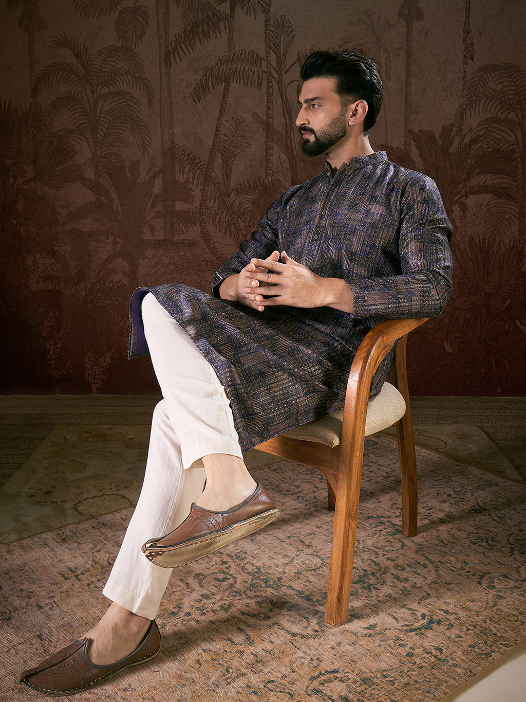 Men Violet Silk Blend Abstract Printed Straight Kurta-MKU1909