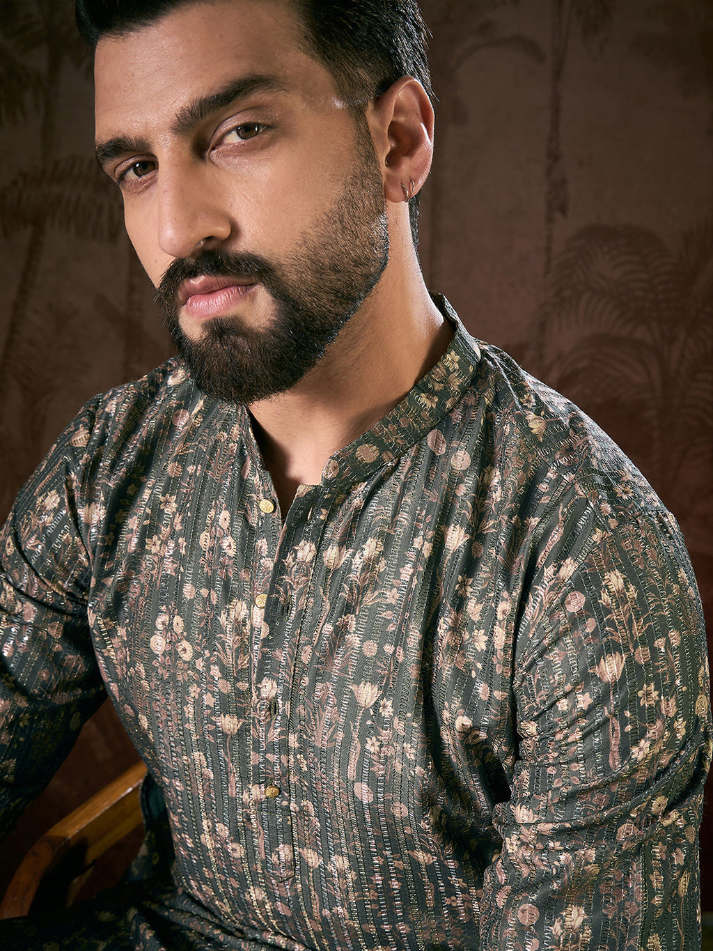 Men Olive Silk Blend Floral Printed Straight Kurta-MKU1911