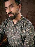 Men Olive Silk Blend Floral Printed Straight Kurta-MKU1911
