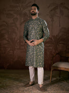 Men Olive Silk Blend Floral Printed Straight Kurta-MKU1911