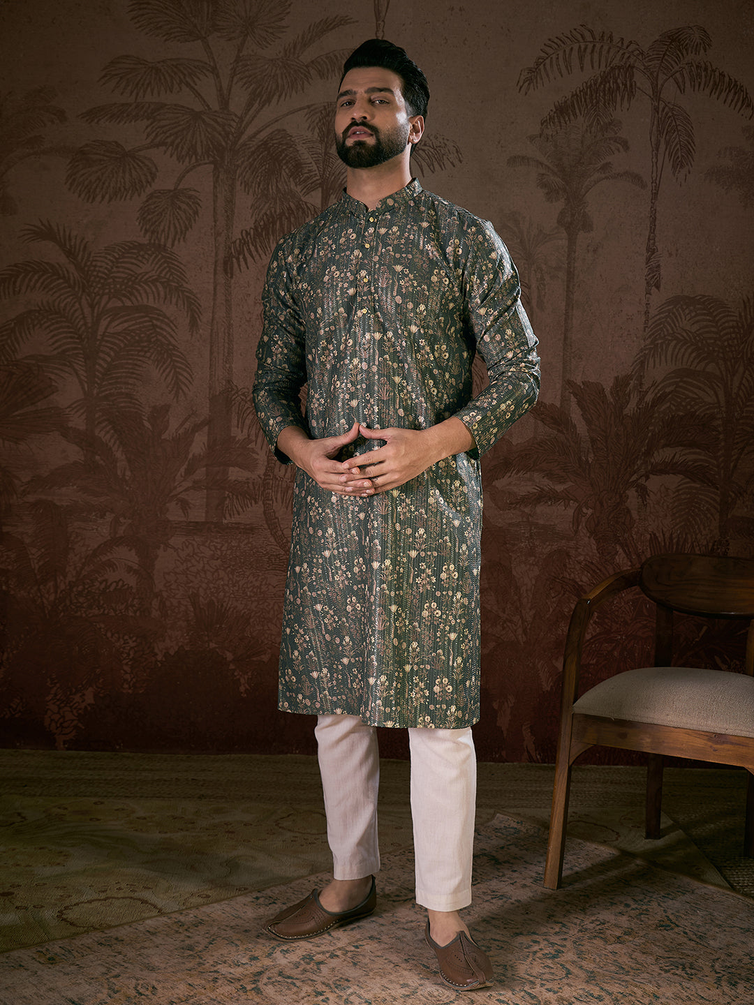 Men Olive Silk Blend Floral Printed Straight Kurta-MKU1911
