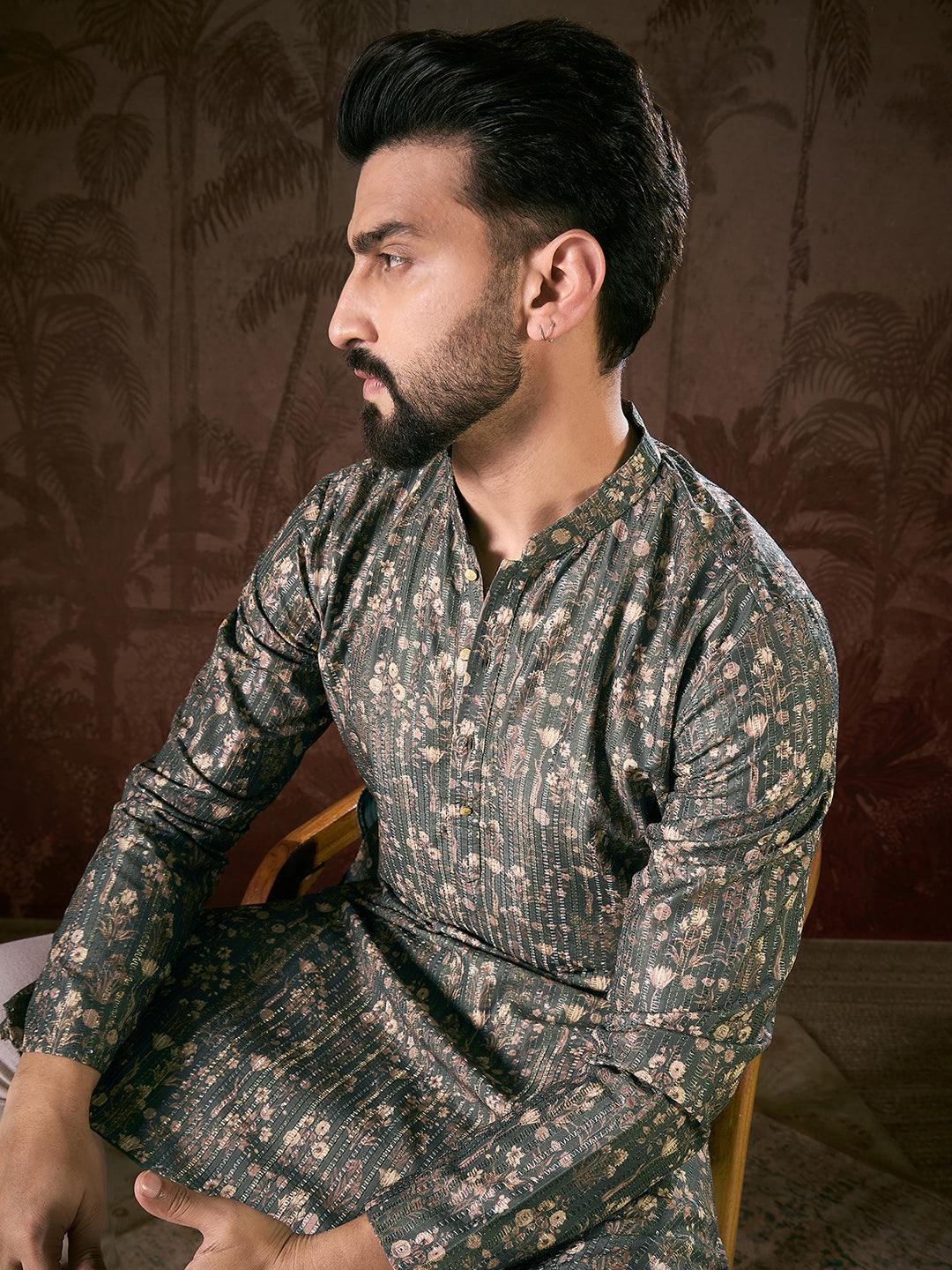 Men Olive Silk Blend Floral Printed Straight Kurta-MKU1911