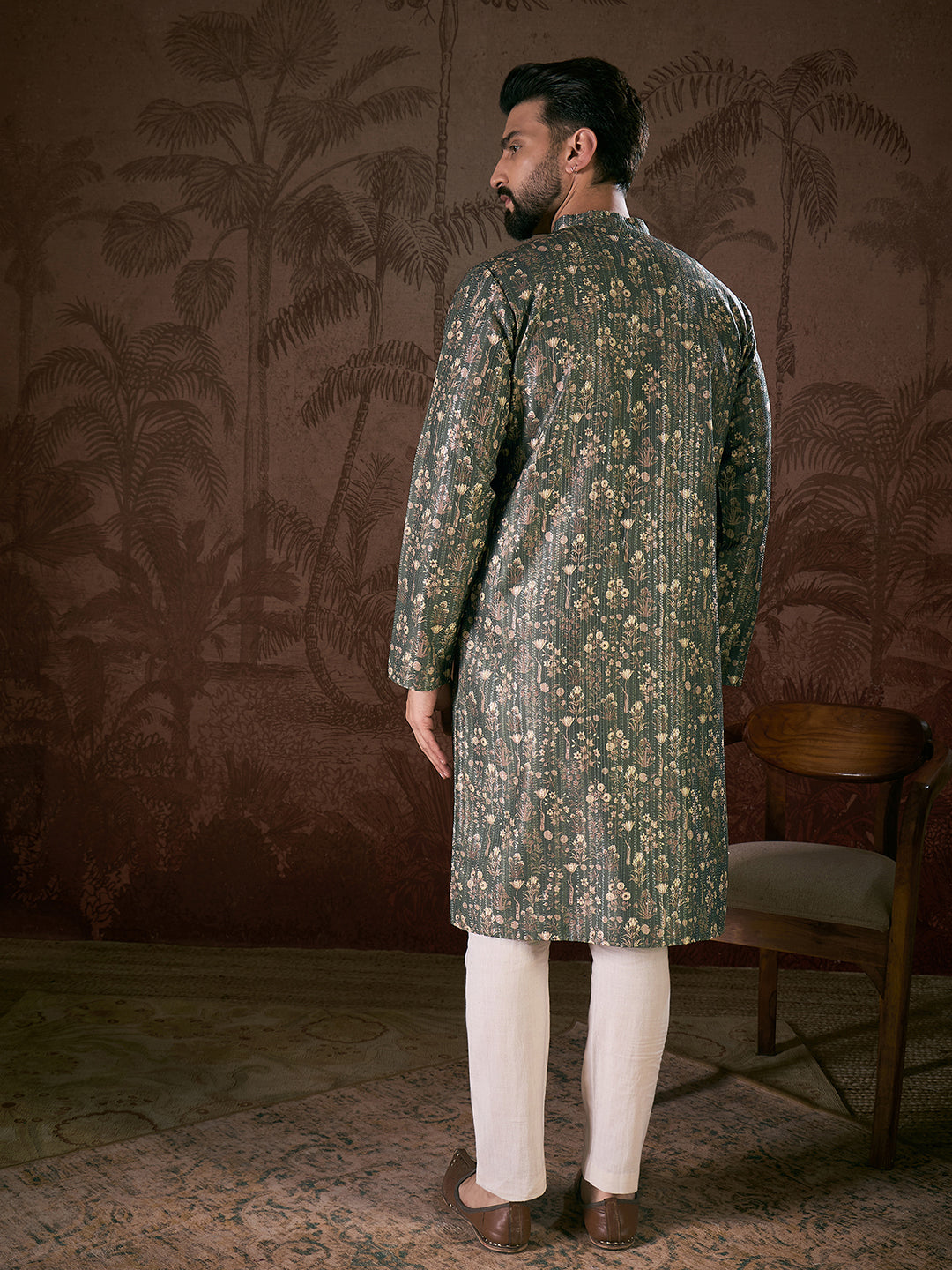 Men Olive Silk Blend Floral Printed Straight Kurta-MKU1911