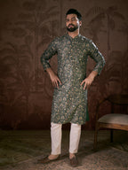 Men Olive Silk Blend Floral Printed Straight Kurta-MKU1911