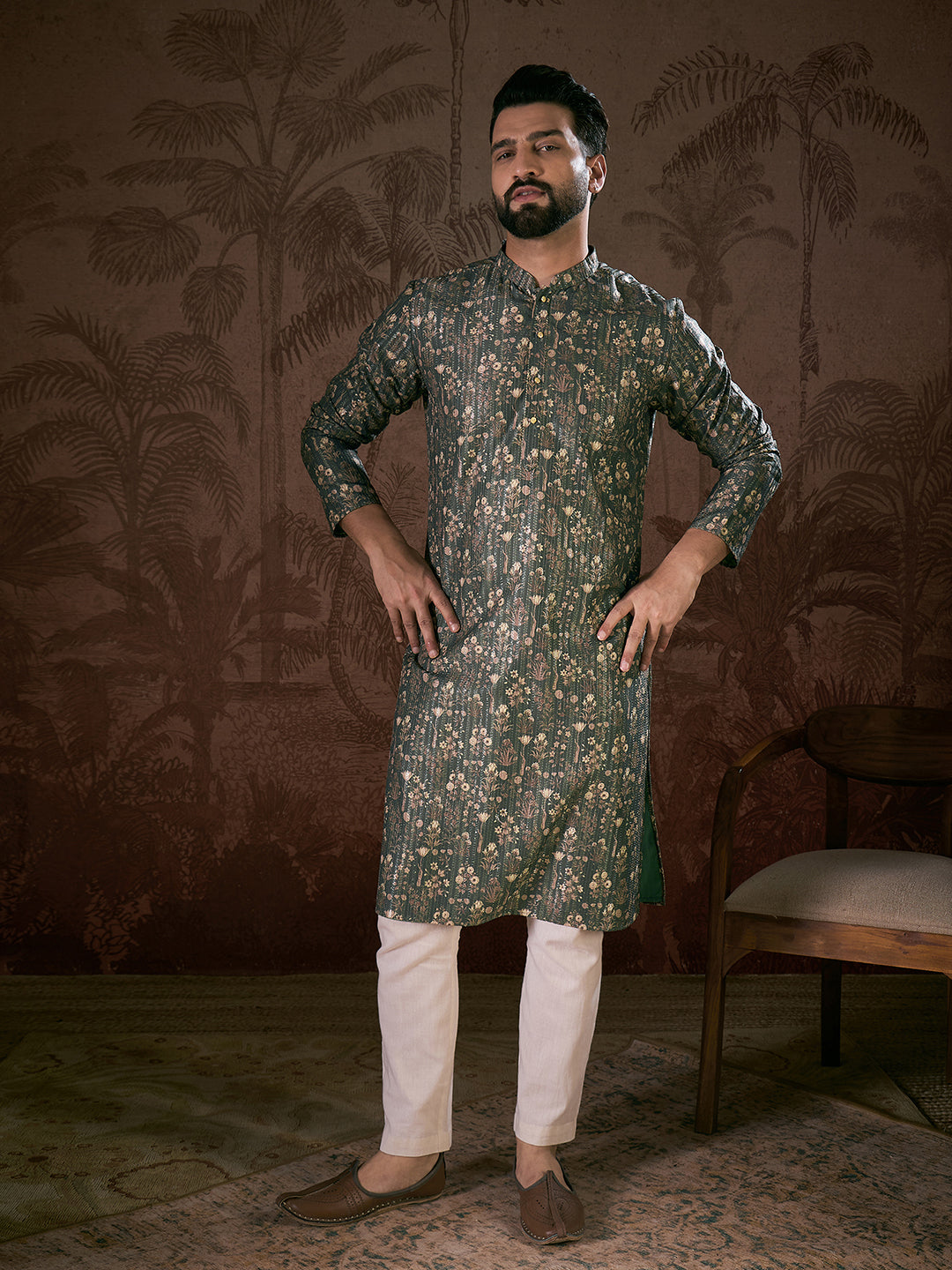 Men Olive Silk Blend Floral Printed Straight Kurta-MKU1911