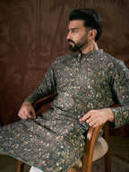 Men Olive Silk Blend Floral Printed Straight Kurta-MKU1911