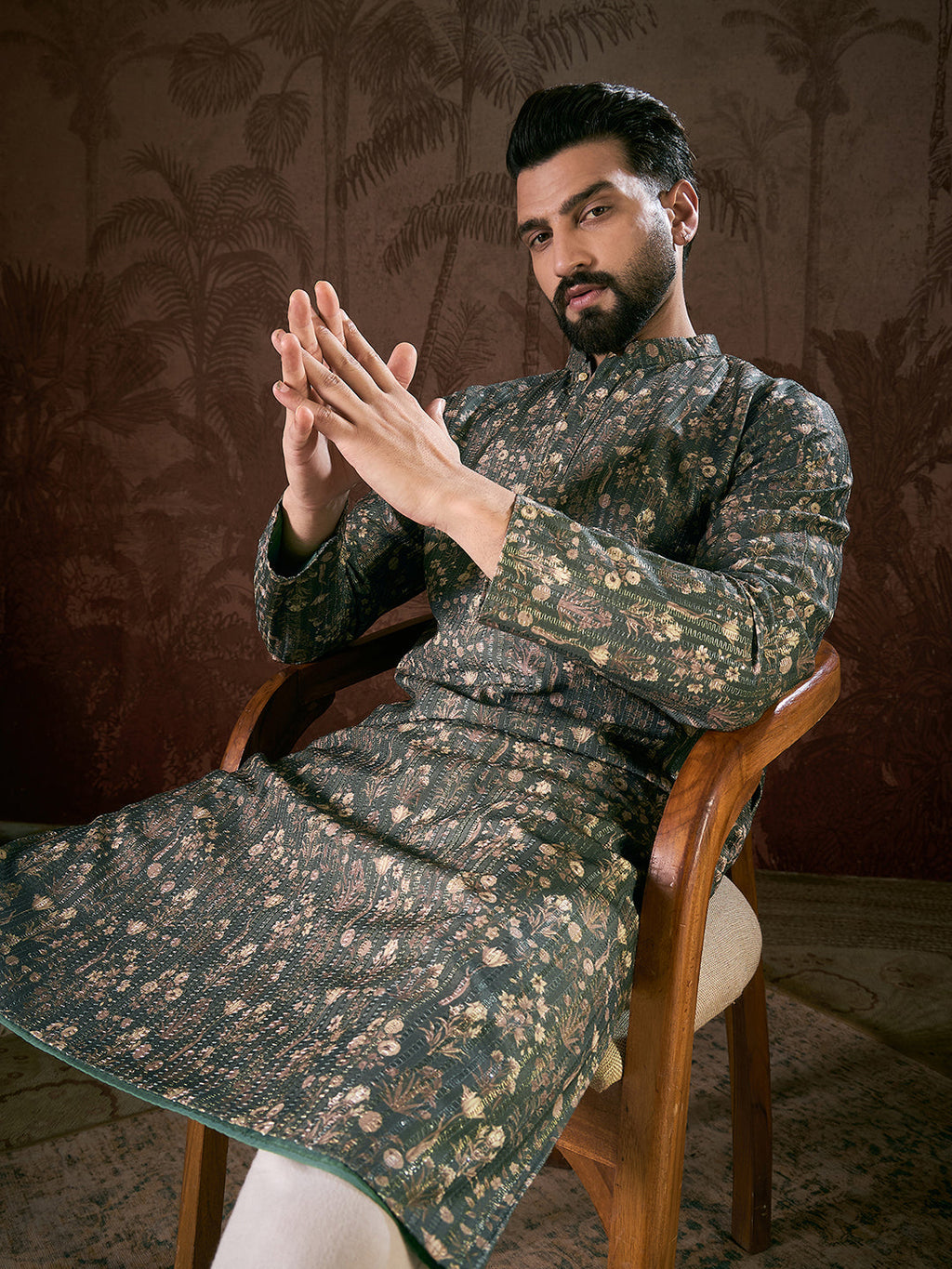 Men Olive Silk Blend Floral Printed Straight Kurta-MKU1911
