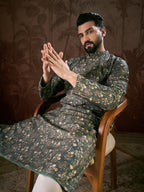 Men Olive Silk Blend Floral Printed Straight Kurta-MKU1911