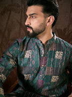 Men Sea Green Silk Blend Ethnic Motifs Printed Straight Kurta-MKU1913