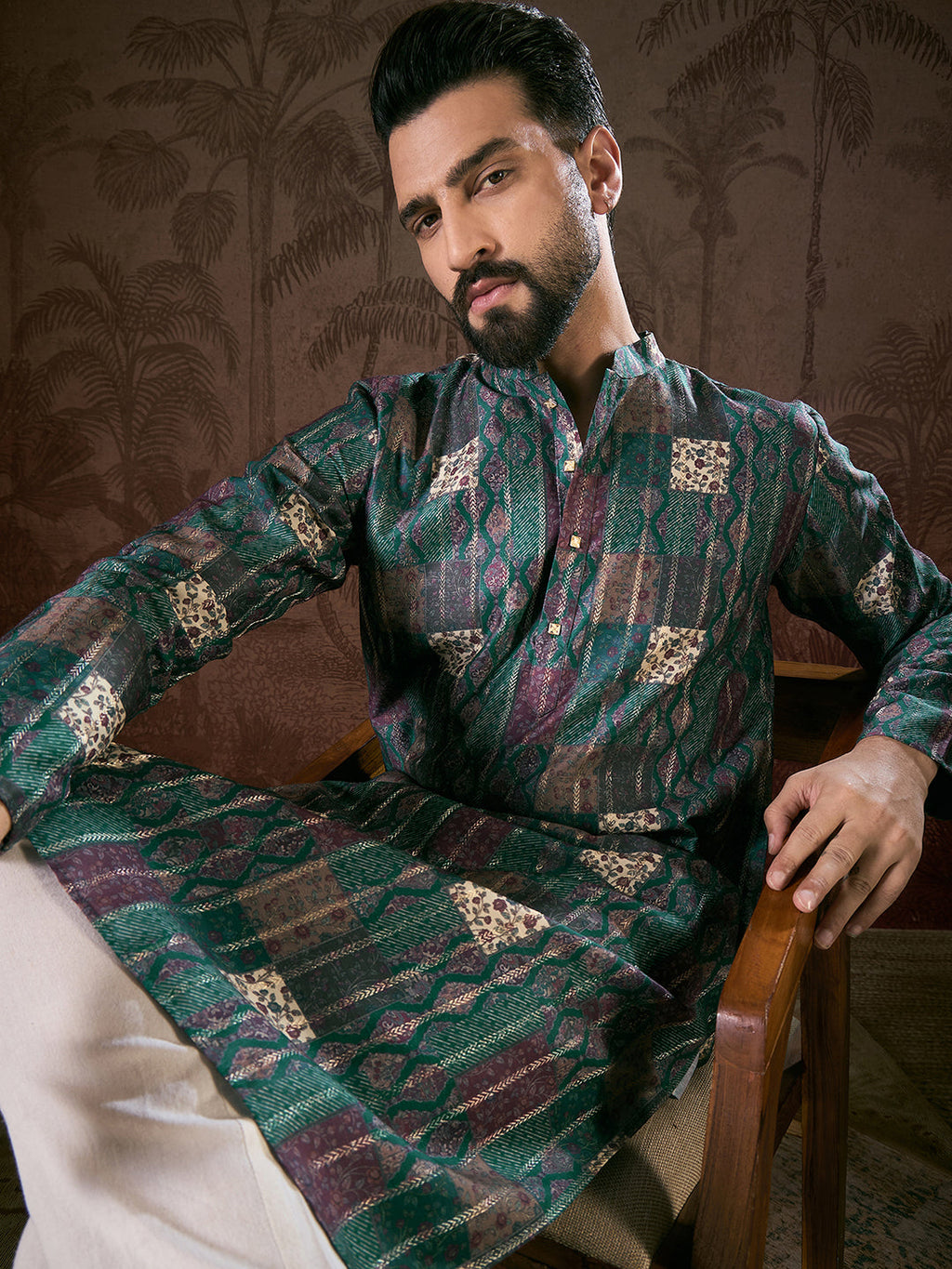 Men Sea Green Silk Blend Ethnic Motifs Printed Straight Kurta-MKU1913