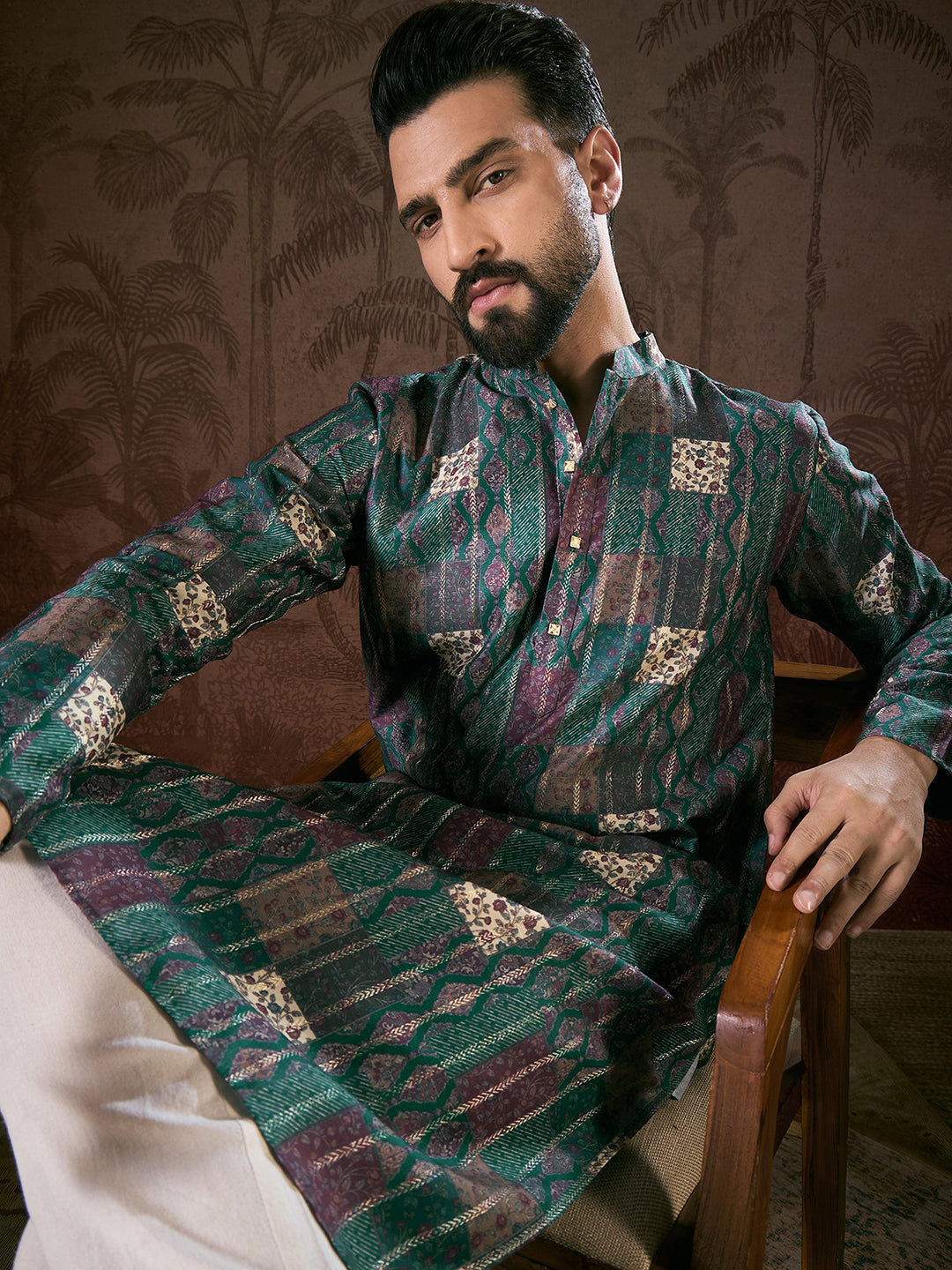 Men Sea Green Silk Blend Ethnic Motifs Printed Straight Kurta-MKU1913