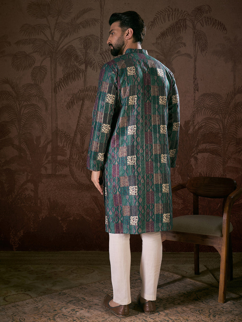 Men Sea Green Silk Blend Ethnic Motifs Printed Straight Kurta-MKU1913