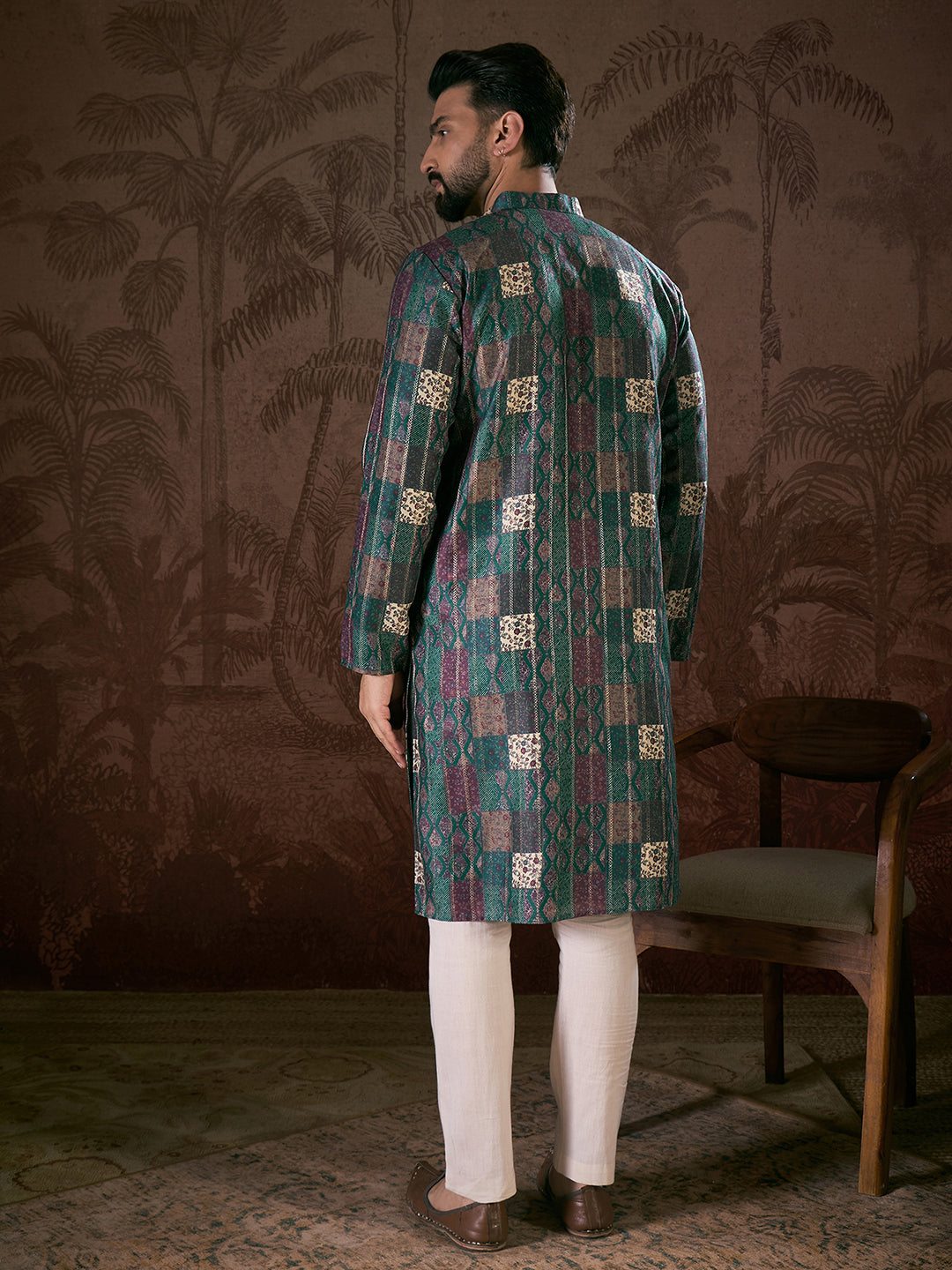 Men Sea Green Silk Blend Ethnic Motifs Printed Straight Kurta-MKU1913