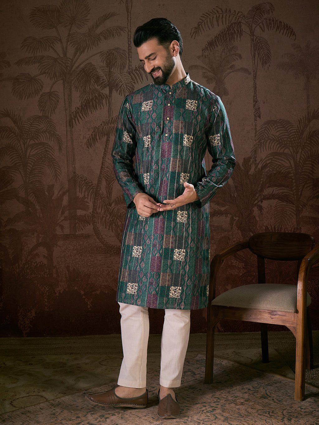 Men Sea Green Silk Blend Ethnic Motifs Printed Straight Kurta-MKU1913