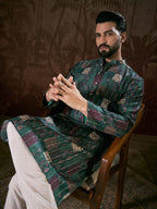 Men Sea Green Silk Blend Ethnic Motifs Printed Straight Kurta-MKU1913